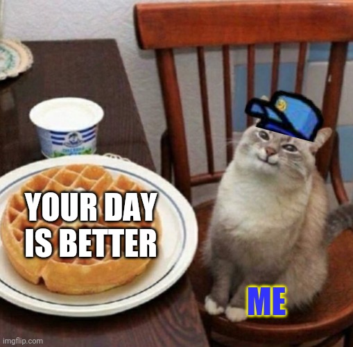 Cat likes their waffle | YOUR DAY IS BETTER ME | image tagged in cat likes their waffle | made w/ Imgflip meme maker