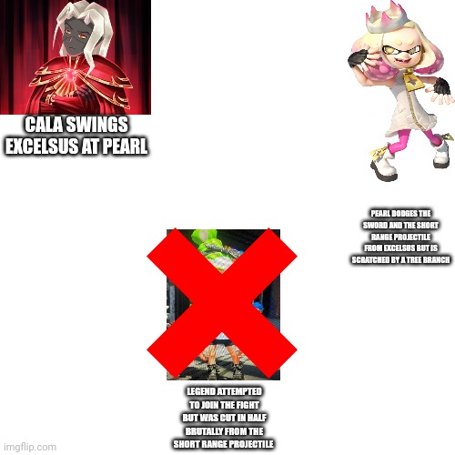 Should've played the long game... | CALA SWINGS EXCELSUS AT PEARL; PEARL DODGES THE SWORD AND THE SHORT RANGE PROJECTILE FROM EXCELSUS BUT IS SCRATCHED BY A TREE BRANCH; LEGEND ATTEMPTED TO JOIN THE FIGHT BUT WAS CUT IN HALF BRUTALLY FROM THE SHORT RANGE PROJECTILE | image tagged in memes,blank transparent square | made w/ Imgflip meme maker