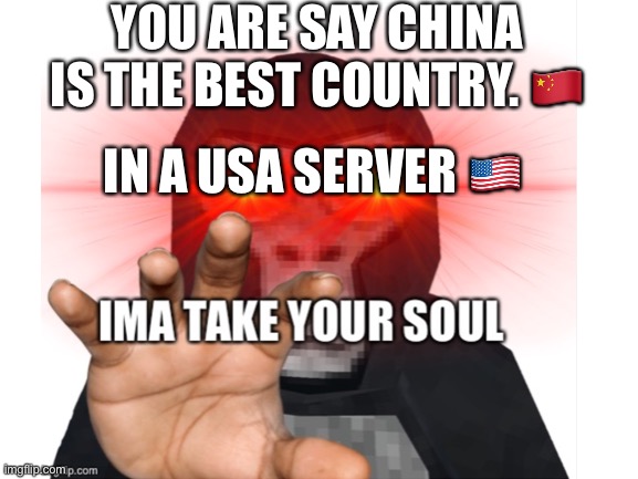 YOU ARE SAY CHINA IS THE BEST COUNTRY. 🇨🇳; IN A USA SERVER 🇺🇸 | image tagged in demon gorilla | made w/ Imgflip meme maker