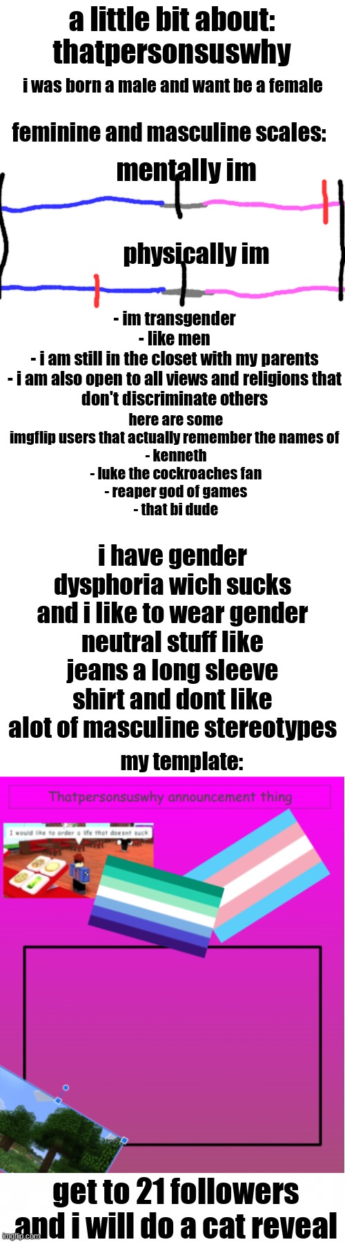 sorry if this sucks | a little bit about:
thatpersonsuswhy; i was born a male and want be a female; feminine and masculine scales:; mentally im; physically im; here are some imgflip users that actually remember the names of 

- kenneth
- luke the cockroaches fan
- reaper god of games
- that bi dude; - im transgender

- like men

- i am still in the closet with my parents

- i am also open to all views and religions that don't discriminate others; i have gender dysphoria wich sucks and i like to wear gender neutral stuff like jeans a long sleeve shirt and dont like alot of masculine stereotypes; my template:; get to 21 followers and i will do a cat reveal | image tagged in blank white template,short blank,a little about me | made w/ Imgflip meme maker