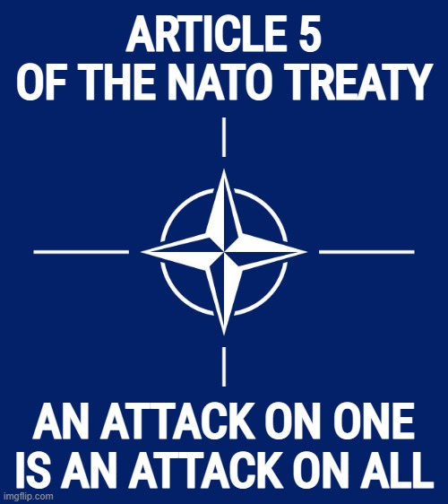 ARTICLE 5 NATO TREATY | ARTICLE 5
OF THE NATO TREATY; AN ATTACK ON ONE IS AN ATTACK ON ALL | image tagged in nato flag,nato,article 5,treaty,fafo,fuck around and find out | made w/ Imgflip meme maker