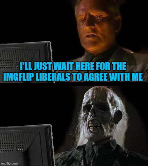 I'll Just Wait Here Meme | I'LL JUST WAIT HERE FOR THE IMGFLIP LIBERALS TO AGREE WITH ME | image tagged in memes,i'll just wait here | made w/ Imgflip meme maker