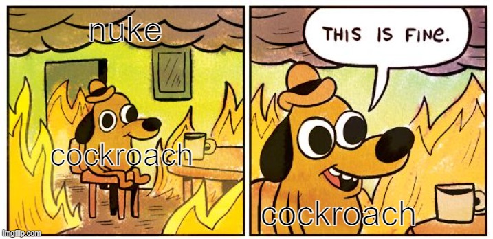 This Is Fine | nuke; cockroach; cockroach | image tagged in memes,this is fine | made w/ Imgflip meme maker