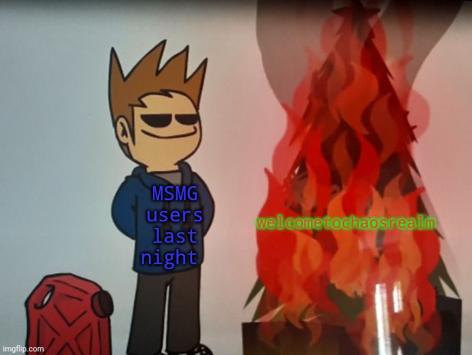 Tom burning a Christmas tree | welcometochaosrealm; MSMG users last night | image tagged in tom burning a christmas tree | made w/ Imgflip meme maker