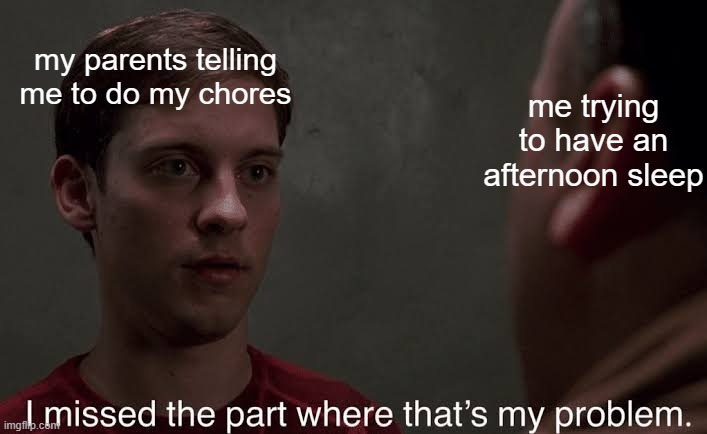 I missed the part | my parents telling me to do my chores; me trying to have an afternoon sleep | image tagged in i missed the part | made w/ Imgflip meme maker