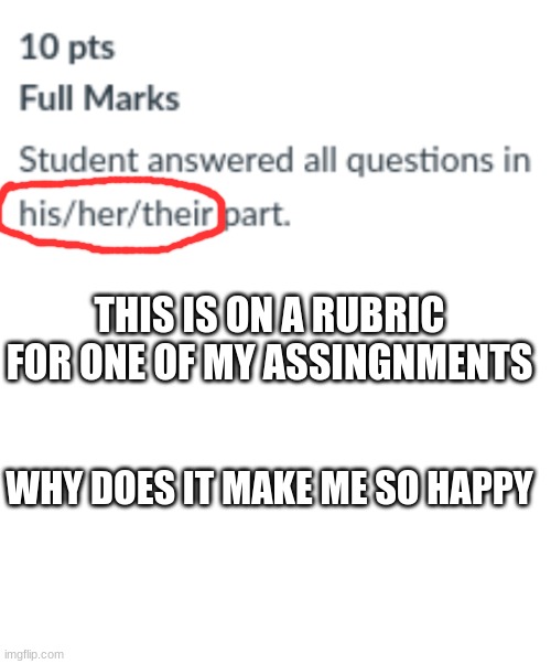 just wow. idk who writes these if its my teacher or not but..... whoever did i applaud you | THIS IS ON A RUBRIC FOR ONE OF MY ASSINGNMENTS; WHY DOES IT MAKE ME SO HAPPY | image tagged in blank white template | made w/ Imgflip meme maker