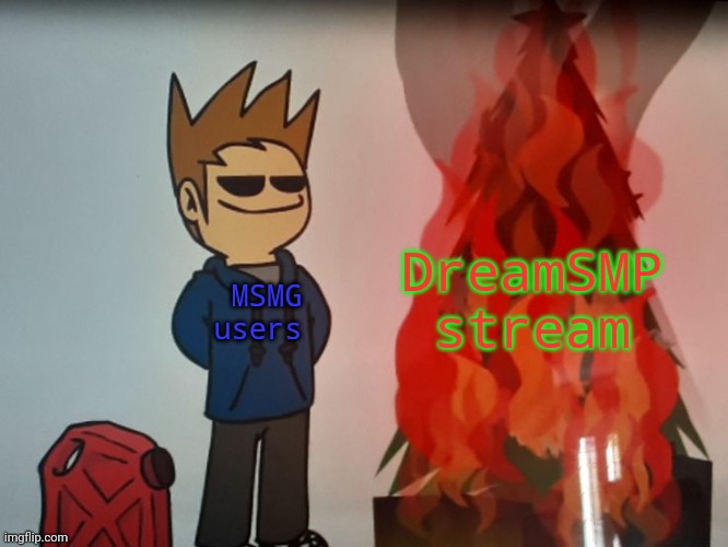 Tom burning a Christmas tree | DreamSMP stream; MSMG users | image tagged in tom burning a christmas tree | made w/ Imgflip meme maker