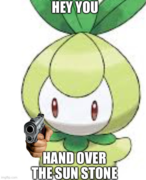 Petilil Needs A Sun Stone. | HEY YOU; HAND OVER THE SUN STONE | image tagged in gun,pokemon | made w/ Imgflip meme maker