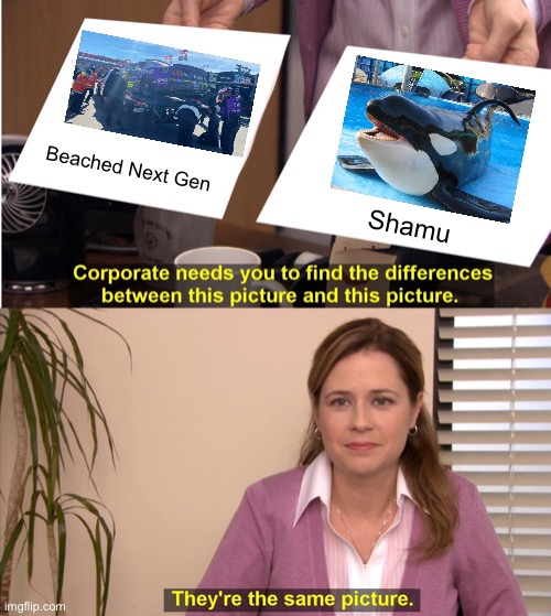 NASCAR Next Gen sucks | Beached Next Gen; Shamu | image tagged in memes,they're the same picture,nascar,car,flat tire,shamu | made w/ Imgflip meme maker