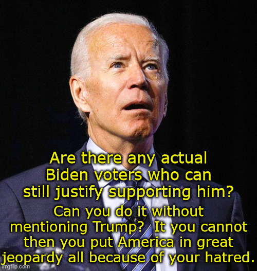 Joe Biden is why it is always a mistake to vote AGAINST a candidate and not FOR a candidate. | Are there any actual Biden voters who can still justify supporting him? Can you do it without mentioning Trump?  It you cannot then you put America in great jeopardy all because of your hatred. | image tagged in joe biden,what a collosal mistake,dementia joe has gotta go,your vote is your conscious | made w/ Imgflip meme maker