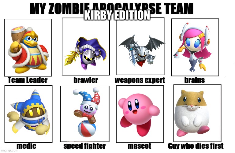 My Zombie Apocalypse Team with Kirby characters | KIRBY EDITION | image tagged in my zombie apocalypse team,kirby | made w/ Imgflip meme maker
