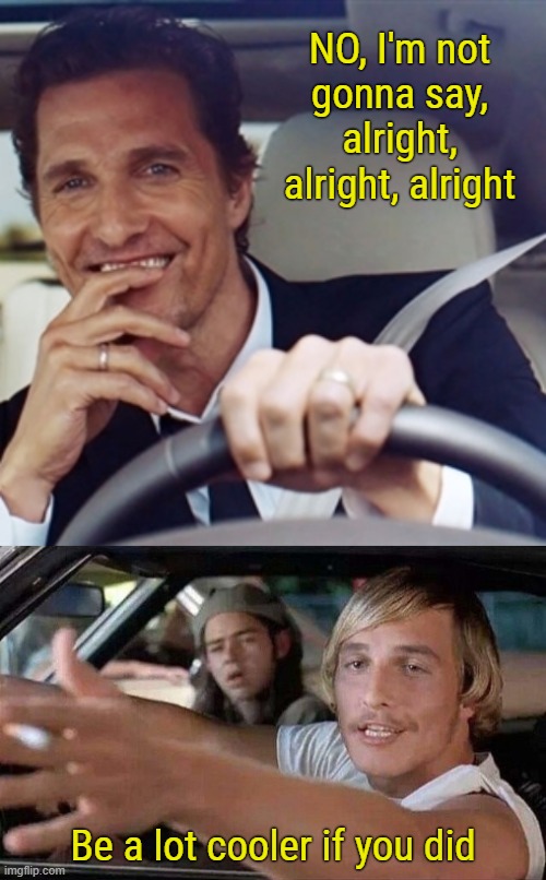 ALRIGHT, A LOT COOLER | NO, I'm not
gonna say, alright, alright, alright; Be a lot cooler if you did | image tagged in alright,it'd be a lot cooler if you did,matthew mcconaughey | made w/ Imgflip meme maker