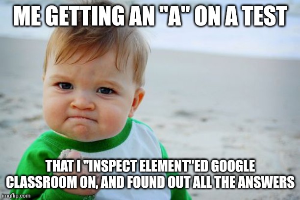 Success Kid Original Meme | ME GETTING AN "A" ON A TEST THAT I "INSPECT ELEMENT"ED GOOGLE CLASSROOM ON, AND FOUND OUT ALL THE ANSWERS | image tagged in memes,success kid original | made w/ Imgflip meme maker