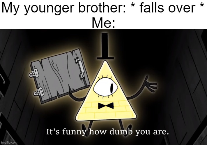 its funny, i'm not sorry | My younger brother: * falls over *; Me: | image tagged in it's funny how dumb you are bill cipher | made w/ Imgflip meme maker