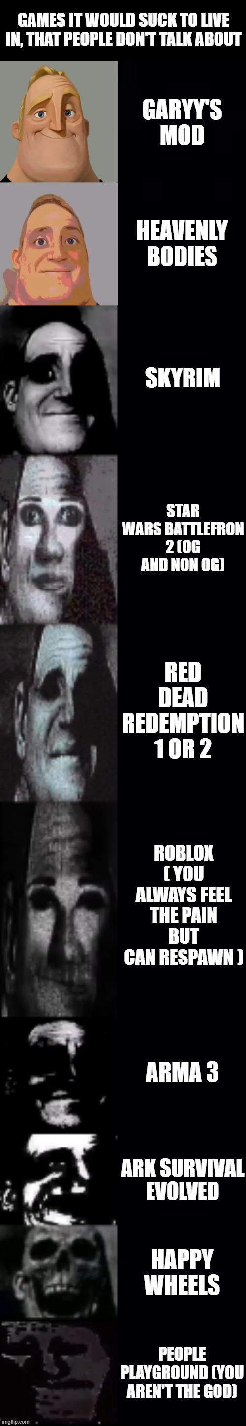 why you looking here? look at the text on the garbage meme | GAMES IT WOULD SUCK TO LIVE IN, THAT PEOPLE DON'T TALK ABOUT; GARYY'S MOD; HEAVENLY BODIES; SKYRIM; STAR WARS BATTLEFRON 2 (OG AND NON OG); RED DEAD REDEMPTION 1 OR 2; ROBLOX ( YOU ALWAYS FEEL THE PAIN BUT CAN RESPAWN ); ARMA 3; ARK SURVIVAL EVOLVED; HAPPY WHEELS; PEOPLE PLAYGROUND (YOU AREN'T THE GOD) | image tagged in mr incredible becoming uncanny | made w/ Imgflip meme maker