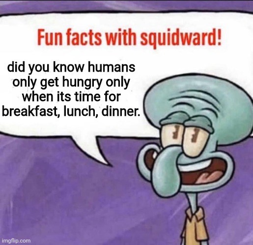 just insert the time of when is your time for breakfast, lunch, and dinner. | did you know humans only get hungry only when its time for breakfast, lunch, dinner. | image tagged in fun facts with squidward | made w/ Imgflip meme maker