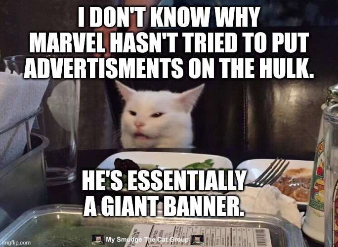 I DON'T KNOW WHY MARVEL HASN'T TRIED TO PUT ADVERTISMENTS ON THE HULK. HE'S ESSENTIALLY A GIANT BANNER. | image tagged in smudge the cat,smudge | made w/ Imgflip meme maker