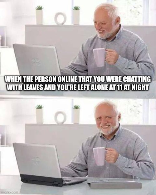 even worse when you cant sleep | WHEN THE PERSON ONLINE THAT YOU WERE CHATTING WITH LEAVES AND YOU'RE LEFT ALONE AT 11 AT NIGHT | image tagged in memes,hide the pain harold | made w/ Imgflip meme maker