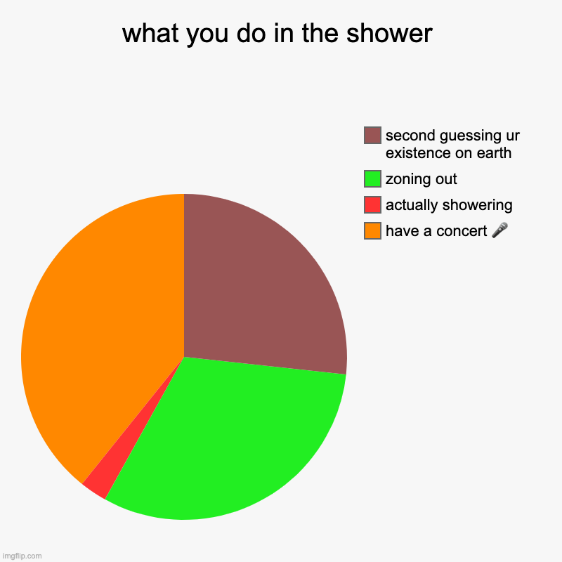 what we actually do in the shower | what you do in the shower | have a concert ?, actually showering, zoning out, second guessing ur existence on earth | image tagged in charts,pie charts | made w/ Imgflip chart maker
