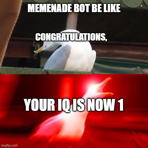 Inhales Seagull | MEMENADE BOT BE LIKE; CONGRATULATIONS, YOUR IQ IS NOW 1 | image tagged in inhales seagull | made w/ Imgflip meme maker