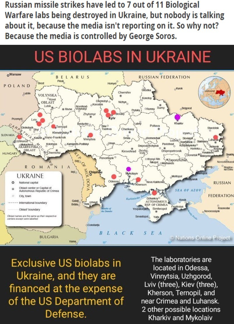 Russian missile strikes have led to 7 out of 11 Biological Warfare labs being destroyed in Ukraine. | image tagged in biological warfare labs,geneva convention violations,nuremberg code,dod crimes against humanity,department of defense,ukraine | made w/ Imgflip meme maker