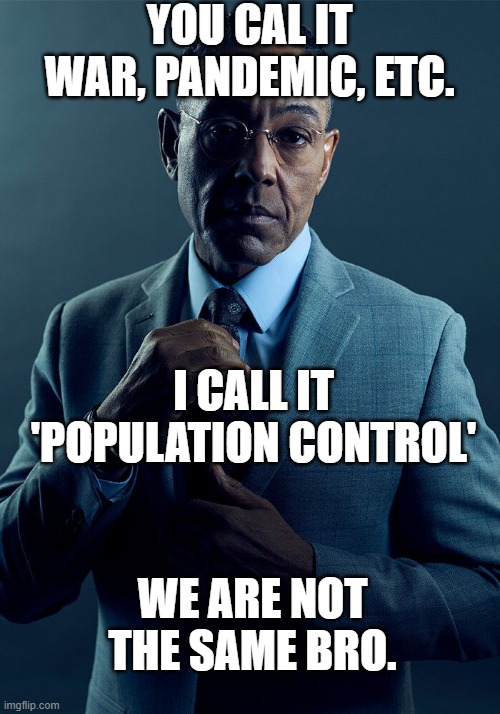 Insert title (I can't think of any, maybe bcs population is too high?) | YOU CAL IT WAR, PANDEMIC, ETC. I CALL IT 'POPULATION CONTROL'; WE ARE NOT THE SAME BRO. | image tagged in gus fring we are not the same,population,war,pandemic,joke,unserious | made w/ Imgflip meme maker