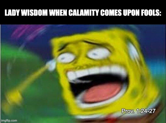 be wise my broths |  LADY WISDOM WHEN CALAMITY COMES UPON FOOLS:; Prov. 1:24-27 | image tagged in laughing spongebob | made w/ Imgflip meme maker