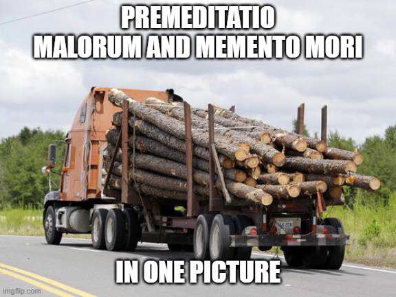Stoics rule | PREMEDITATIO MALORUM AND MEMENTO MORI; IN ONE PICTURE | image tagged in log truck nope final destination | made w/ Imgflip meme maker