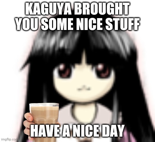 No name | KAGUYA BROUGHT YOU SOME NICE STUFF; HAVE A NICE DAY | image tagged in wut | made w/ Imgflip meme maker