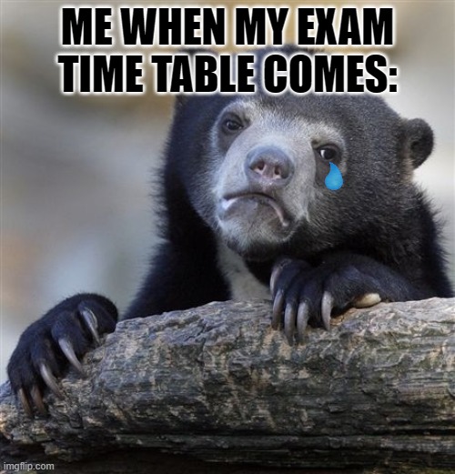 :( | ME WHEN MY EXAM TIME TABLE COMES: | image tagged in memes,confession bear | made w/ Imgflip meme maker