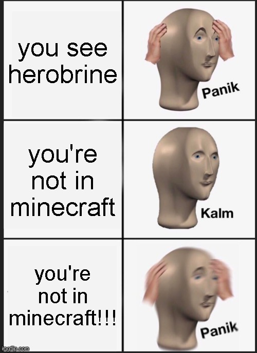 herobrine without minecraft | you see herobrine; you're not in minecraft; you're not in minecraft!!! | image tagged in memes,panik kalm panik | made w/ Imgflip meme maker