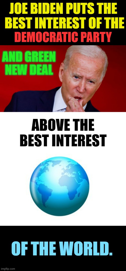 Why...Oh...Why... | JOE BIDEN PUTS THE  BEST INTEREST OF THE; DEMOCRATIC PARTY; AND GREEN NEW DEAL; ABOVE THE BEST INTEREST; OF THE WORLD. | image tagged in memes,politics,joe biden,priorities,green,this is not fine | made w/ Imgflip meme maker