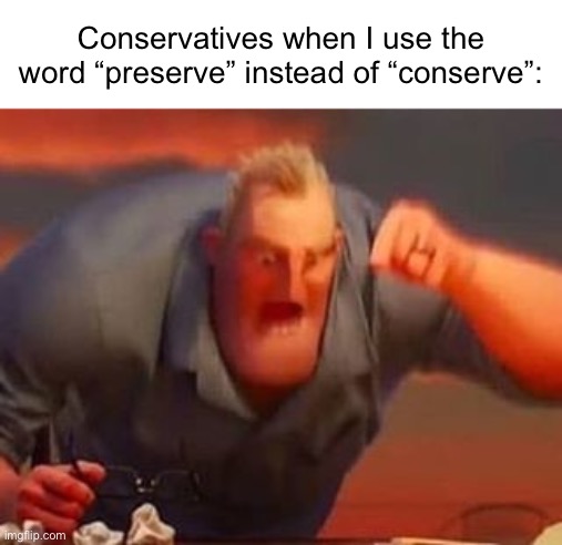 Why do conservatives have to be so angry at everything? | Conservatives when I use the word “preserve” instead of “conserve”: | image tagged in mr incredible mad | made w/ Imgflip meme maker