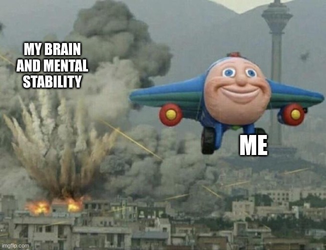 Plane flying from explosions | MY BRAIN AND MENTAL STABILITY ME | image tagged in plane flying from explosions | made w/ Imgflip meme maker