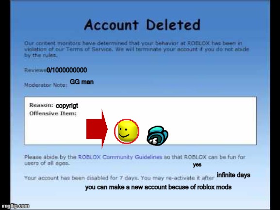 oppsie | 0/1000000000; GG man; copyrigt; yes; infinite days; you can make a new account becuse of roblox mods | image tagged in roblox 2009 banned message,oh no | made w/ Imgflip meme maker