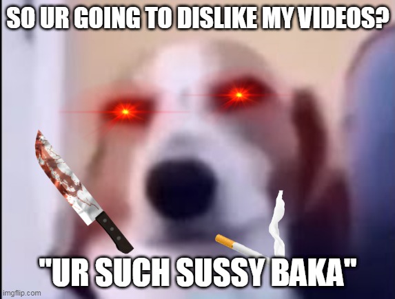sussy dog | SO UR GOING TO DISLIKE MY VIDEOS? "UR SUCH SUSSY BAKA" | image tagged in sussy dog | made w/ Imgflip meme maker