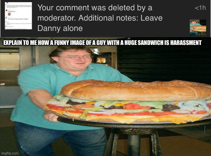 EXPLAIN TO ME HOW A FUNNY IMAGE OF A GUY WITH A HUGE SANDWICH IS HARASSMENT | made w/ Imgflip meme maker