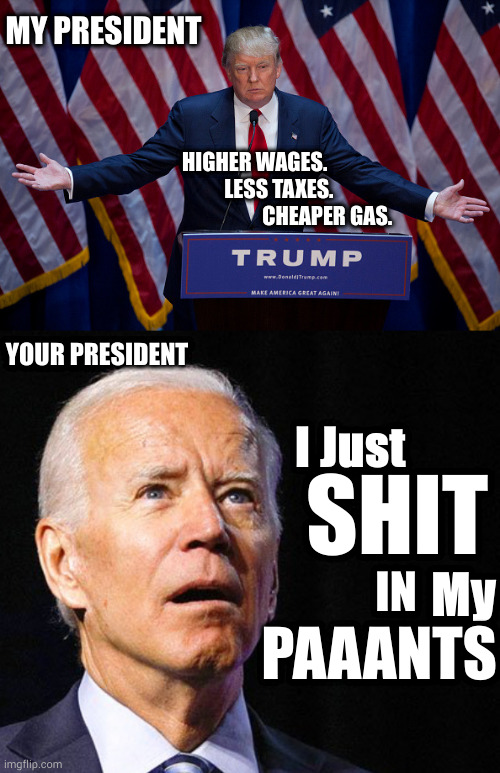 Vaporwave | MY PRESIDENT; HIGHER WAGES.
          LESS TAXES.
                   CHEAPER GAS. YOUR PRESIDENT; I Just; SHIT; IN; My; PAAANTS | image tagged in donald trump,joe biden | made w/ Imgflip meme maker