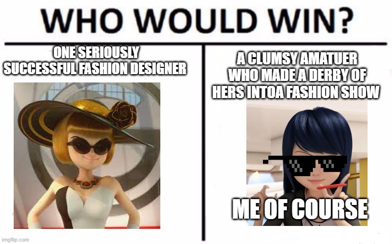 Who Would Win? | ONE SERIOUSLY SUCCESSFUL FASHION DESIGNER; A CLUMSY AMATUER WHO MADE A DERBY OF HERS INTOA FASHION SHOW; ME OF COURSE | image tagged in memes,who would win | made w/ Imgflip meme maker