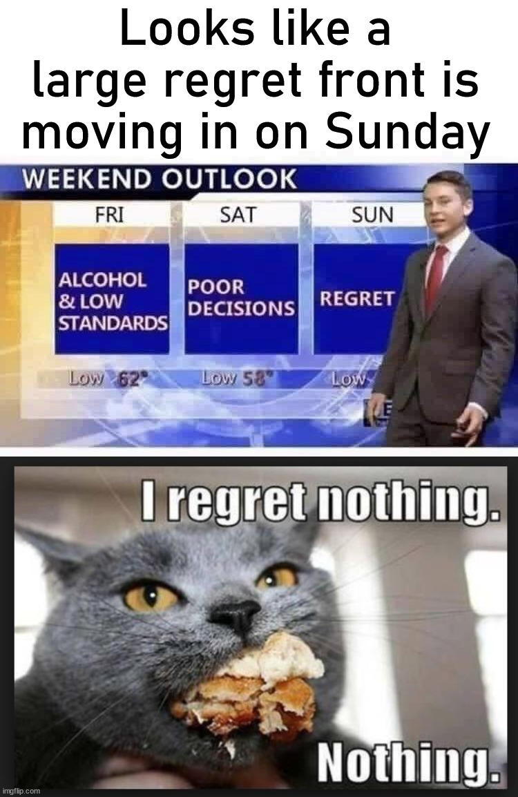 What a weekend. |  Looks like a large regret front is moving in on Sunday | image tagged in i regret nothing,weekend,forecast | made w/ Imgflip meme maker