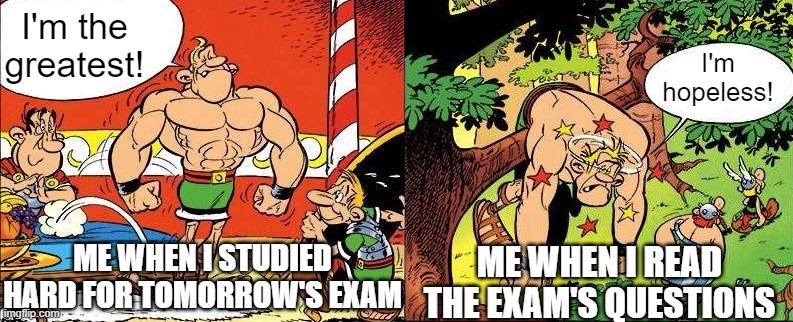 I'm the greatest! I'm hopeless! ME WHEN I STUDIED HARD FOR TOMORROW'S EXAM; ME WHEN I READ THE EXAM'S QUESTIONS | image tagged in i'm the greatest,asterix | made w/ Imgflip meme maker