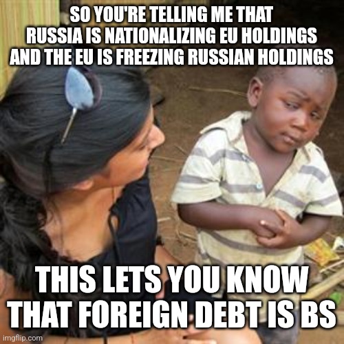 so youre telling me | SO YOU'RE TELLING ME THAT RUSSIA IS NATIONALIZING EU HOLDINGS AND THE EU IS FREEZING RUSSIAN HOLDINGS; THIS LETS YOU KNOW THAT FOREIGN DEBT IS BS | image tagged in so youre telling me | made w/ Imgflip meme maker