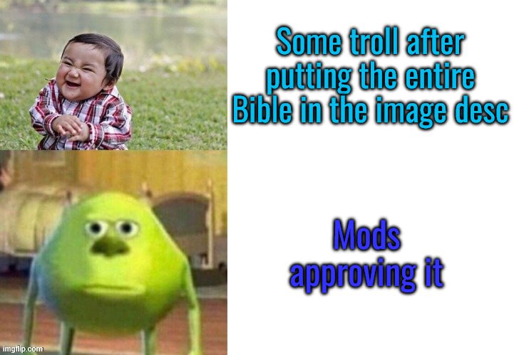 Not funny | Some troll after putting the entire Bible in the image desc; Mods approving it | image tagged in not funny | made w/ Imgflip meme maker