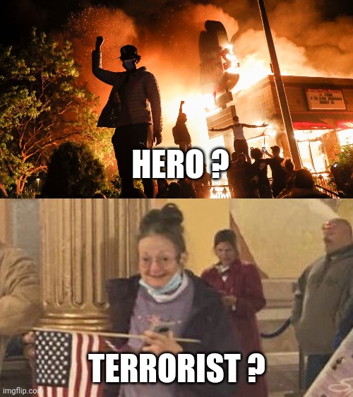 HERO ? TERRORIST ? | image tagged in blm riots,grandma insurrection | made w/ Imgflip meme maker