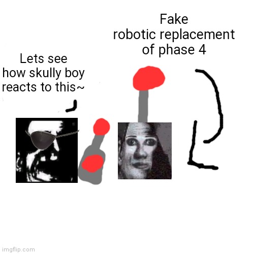 Phase 8 sets up a fake robotic replacement of phase 4 to trick and get revenge on phase 9.. | Fake robotic replacement of phase 4; Lets see how skully boy reacts to this~ | image tagged in revenge,robot,fake,fakery,mr incredible becoming uncanny | made w/ Imgflip meme maker