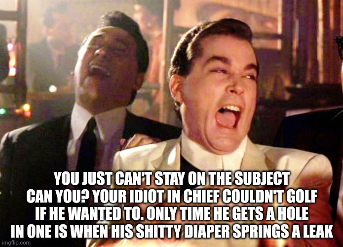 Good Fellas Hilarious Meme | YOU JUST CAN'T STAY ON THE SUBJECT CAN YOU? YOUR IDIOT IN CHIEF COULDN'T GOLF IF HE WANTED TO. ONLY TIME HE GETS A HOLE IN ONE IS WHEN HIS S | image tagged in memes,good fellas hilarious | made w/ Imgflip meme maker