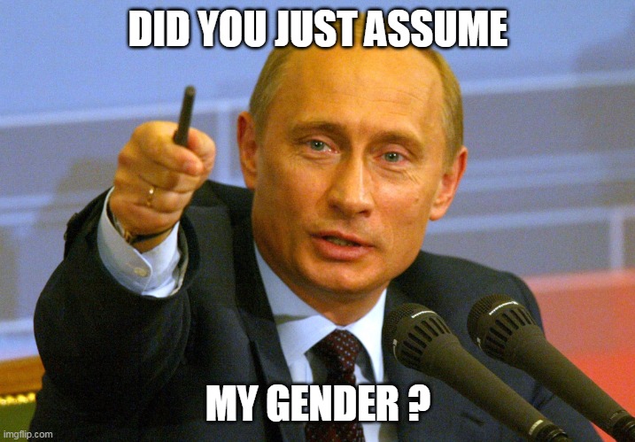 Putin "Give that man a Cookie" | DID YOU JUST ASSUME MY GENDER ? | image tagged in putin give that man a cookie | made w/ Imgflip meme maker