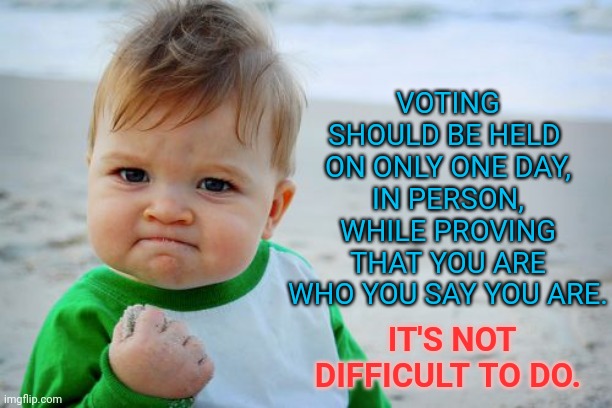 Stop Voter Fraud | VOTING SHOULD BE HELD 
ON ONLY ONE DAY,
 IN PERSON, 
WHILE PROVING THAT YOU ARE WHO YOU SAY YOU ARE. IT'S NOT DIFFICULT TO DO. | image tagged in memes,success kid original,stop voter fraud,one day voting | made w/ Imgflip meme maker