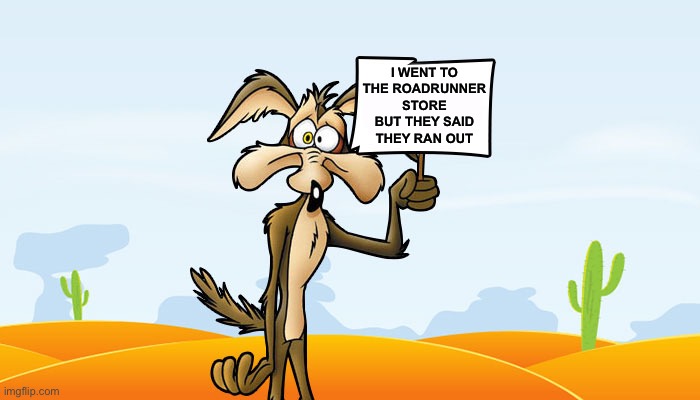 Wile E. Coyote Sign | I WENT TO THE ROADRUNNER STORE BUT THEY SAID THEY RAN OUT | image tagged in wile e coyote sign,terrible puns,dank memes,dank,dead memes | made w/ Imgflip meme maker