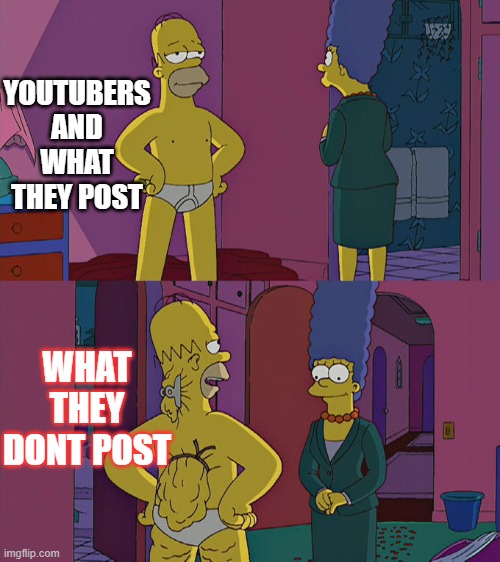 youtubers | YOUTUBERS AND WHAT THEY POST; WHAT THEY DONT POST | image tagged in homer simpson's back fat | made w/ Imgflip meme maker